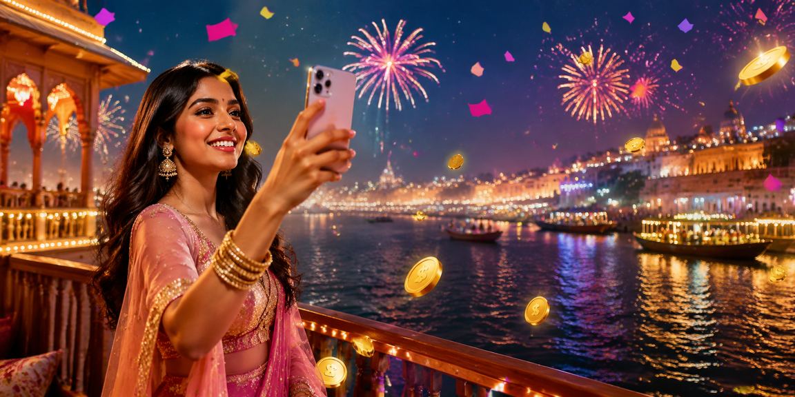 Colorful Indian night market with gaming bonus and entertainment lights